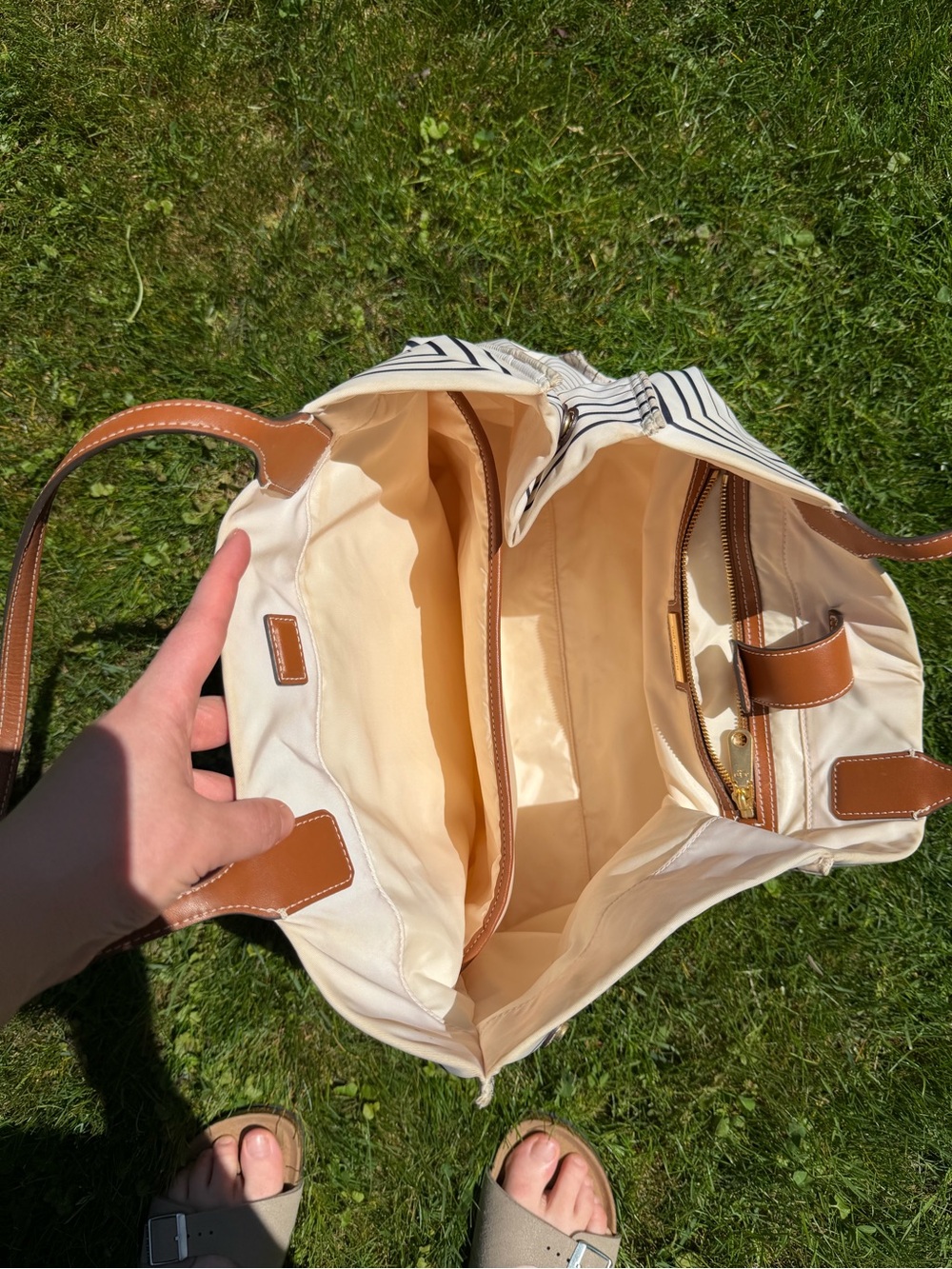 Tory Burch Cream Stripe Ella Print Tote with Tan Leather Trim - Large - Picture 7 of 12